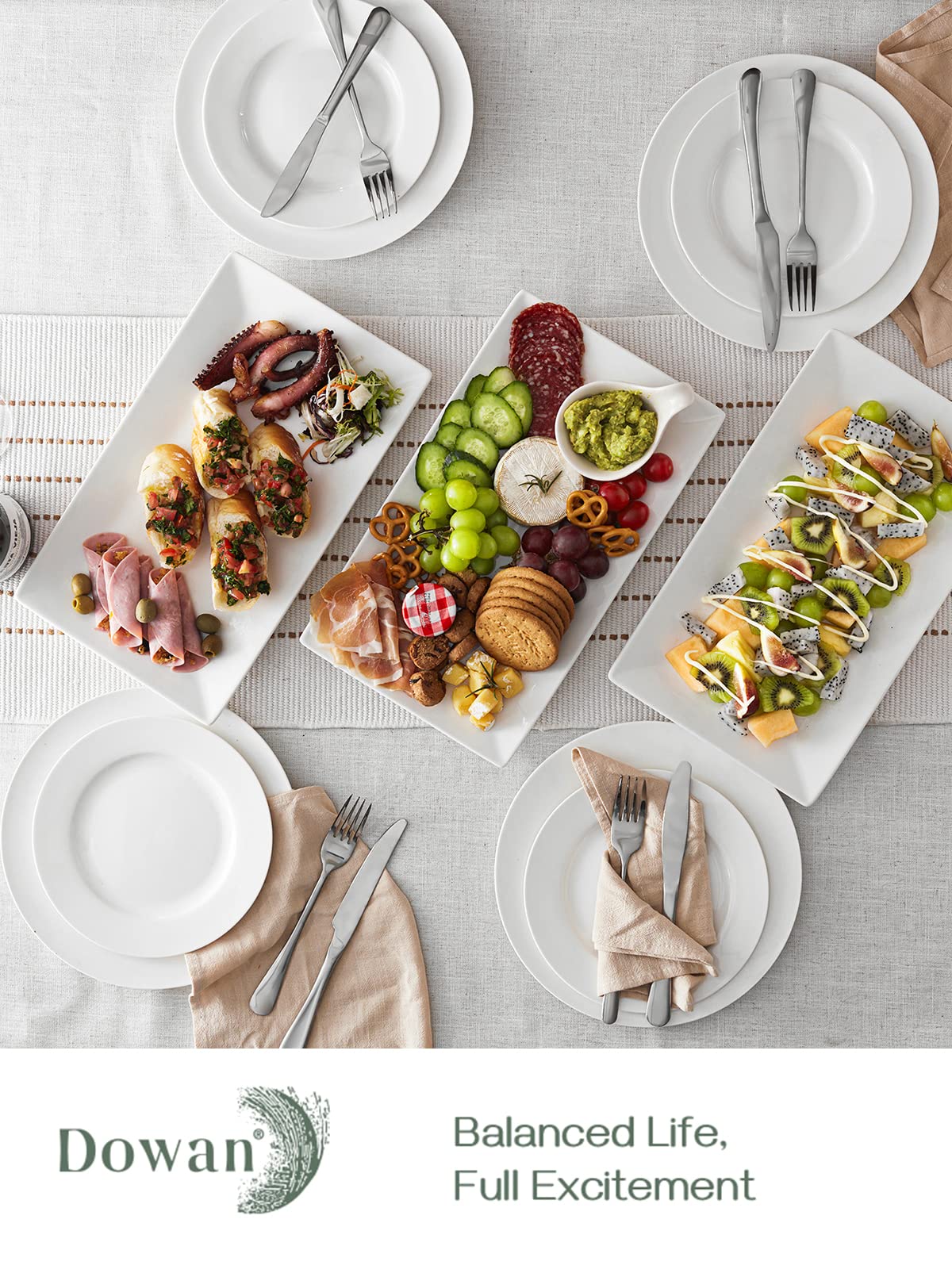 DOWAN 14" Serving Trays, Serving Platters, Ceramic Serving Platters and Trays, Rectangle Plates, Set of 3, for Weddings, Parties, Oven, Microwave, Dishwasher, Heat Resistant, Easy to Clean, White
