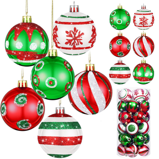 Hungdao 30 Pcs 2.36 Inches Shatterproof Christmas Tree Ball Ornaments Set, Plastic Red Green White Elf Glittering Xmas Hanging Bulbs Pendants for Christmas Tree Decoration Holiday Party Home Decor