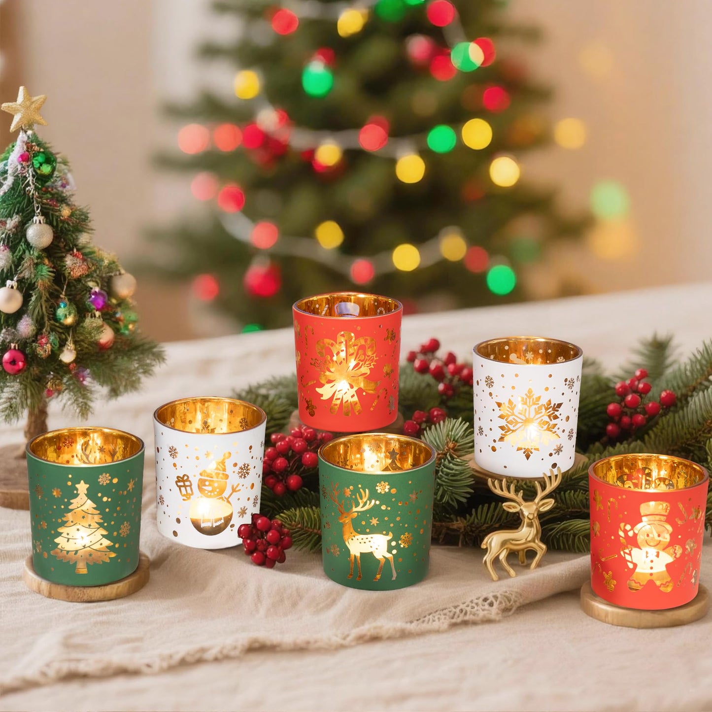 Romcanmy Christmas Votive Candle Holders, Set of 6 Red Green White Glass Candle Holder for Christmas Table Centerpiece, Snowflake Reindeer Xmas Tree Tea Light Holders for New Year Winter Party Decor