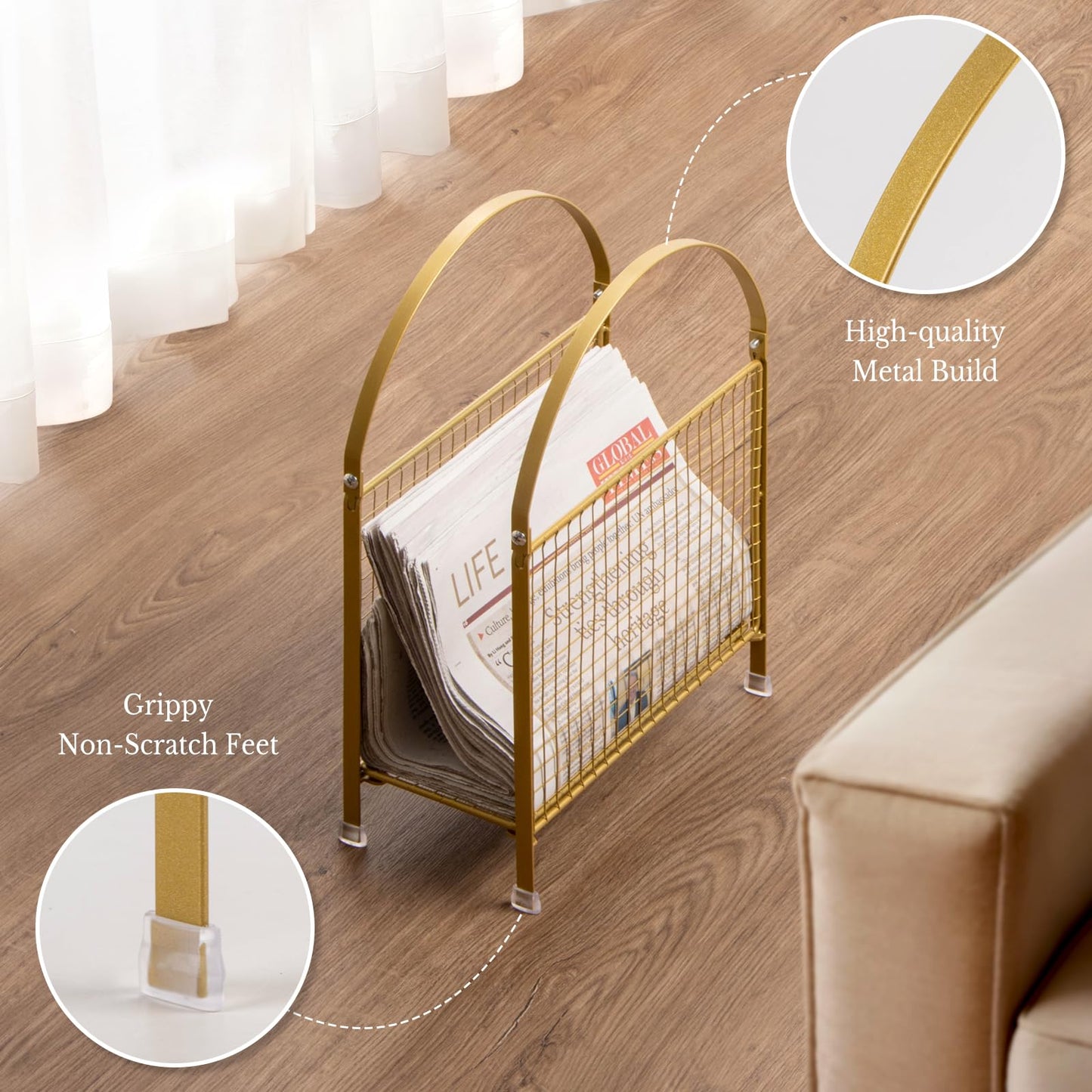PUERSI Freestanding Magazine Holder – Modern Touch Handbag Design, Magazine Organizer Metal Rack for Books, Vinyl Record, Newspaper (Gold)