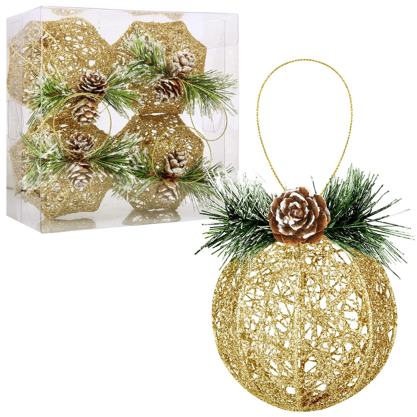 Christmas Ball Ornaments, 4pc Set Gold Pinecone Rattan Thread String Christmas Tree Ornament Xmas Trees Wedding Party Decorations