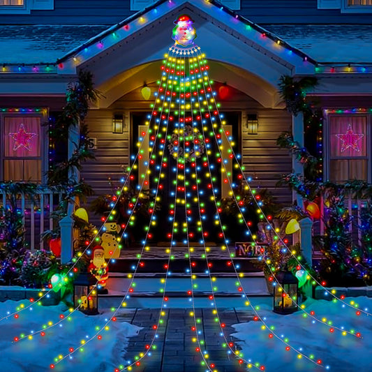 Christmas Waterfall Outdoor String Lights, Christmas Tree Lights with Topper 335 LED 11.48ft 9 Strands, 8 Lighting Modes Holiday New Year Decoration Lights for Wedding Yard Party Home Indoor Decor
