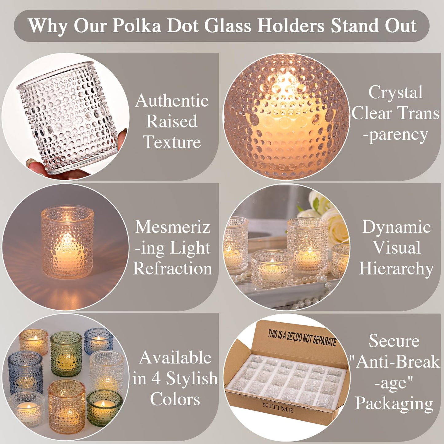 NITIME Glass Votive Candle Holders Set of 24, Assorted Heights Polka Dot Tea Light Holders for Wedding Centerpieces, Table Decor, Party & Home Decoration, Fits Standard Votives & Tea Lights