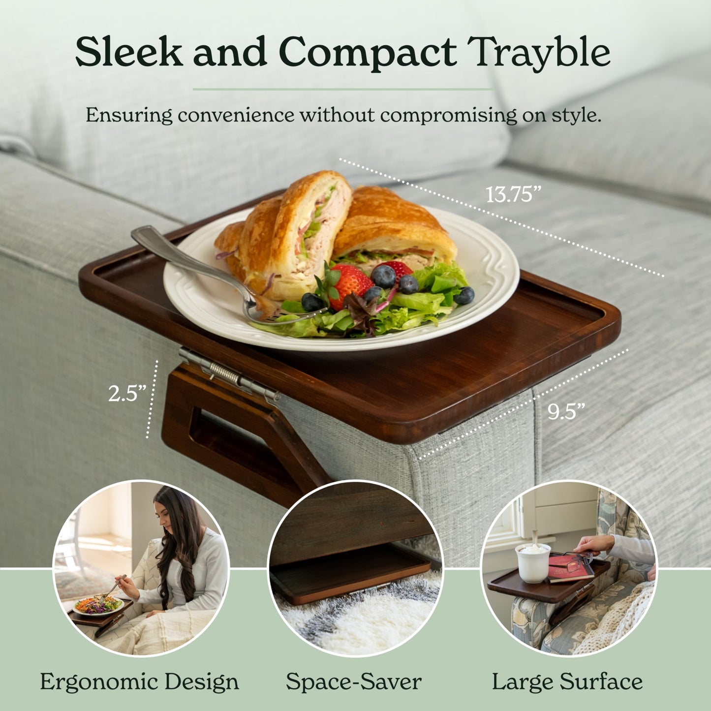 Shamrock Home Bamboo Trayble Couch Arm Table, Clip On Tray Sofa Table for Couches. Sofa Arm Tray, Armchair Table for TV Dinners, Remotes, Drinks and Snacks - 13.75 x 9.5inch, Brown