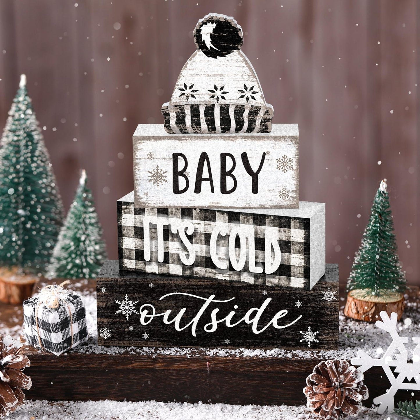 Marsui 4 Pcs Winter Wooden Tabletop Decor Wooden Hat Block Sign Rustic Tiered Tray Decor Baby Its Cold Outside Table Centerpiece Cozy Neutral Winter Decoration for Home Office Desk Shelf