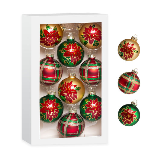 Amooca Christmas Colorful Glass Balls Decoration Festival Party Home Decors Holiday Xmas Tree Hanging Ornaments Set 9pc 2.65in Red Gold Green Floral