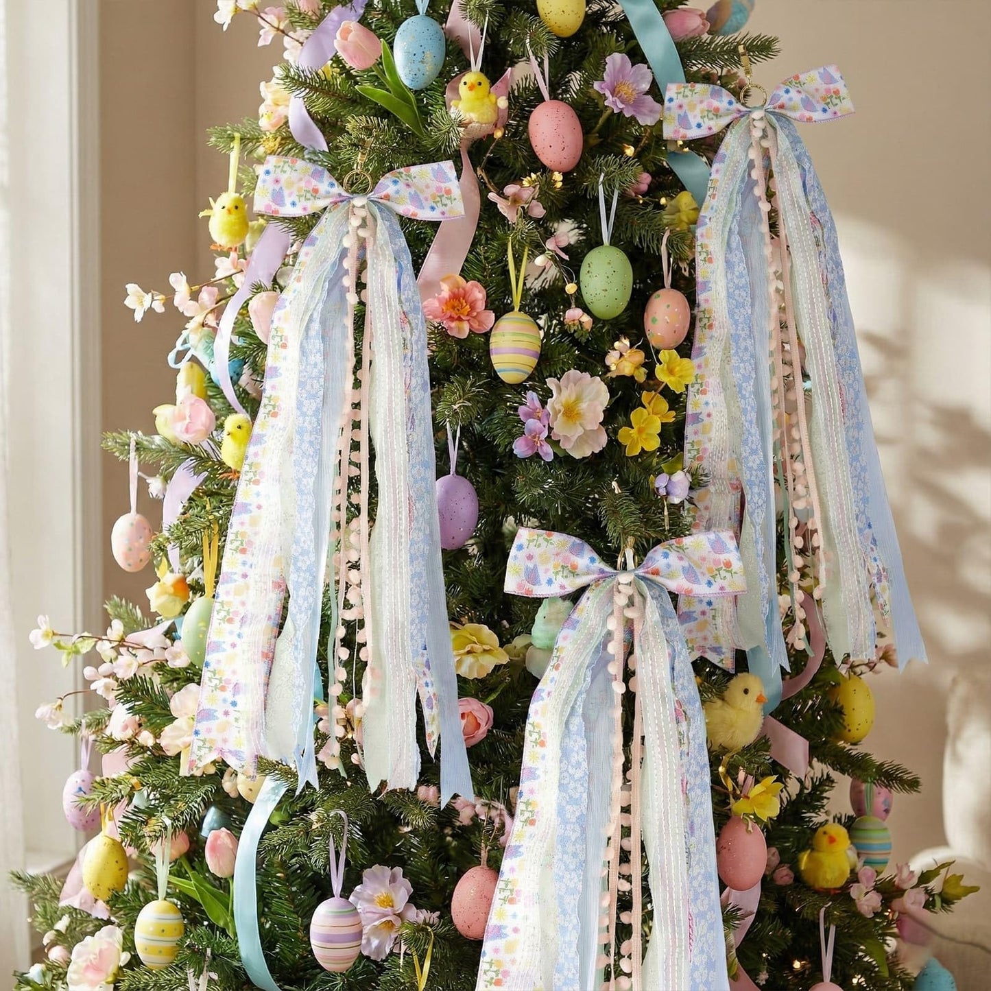 NUVCELKA Easter Door Bow with 8 Ribbons, 27.5" Spring Decoration Swag for Front Door Wreath Wall, Farmhouse Bow Decor with Pom-Poms for Home Holiday
