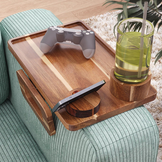Danfoxer 3 in 1 Acacia Wood Couch Arm Tray,Couch Tray with Cup Holder and Phone Holder,Folding Sofa Armrest Trays Clip-On Sofas Desk for Drinks,Snacks,Phone,Remote Control