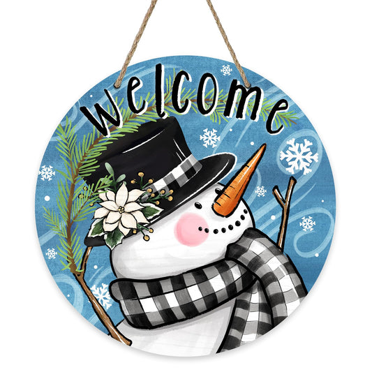 Deroro Welcome Winter Snowman Blue Front Door Sign, Buffalo Plaid Pine Branch Wood Door Hanger Outdoor Outside Porch Decor, Snowflake Christmas Holiday Wooden Wreath Indoor Wall Hanging Decoration