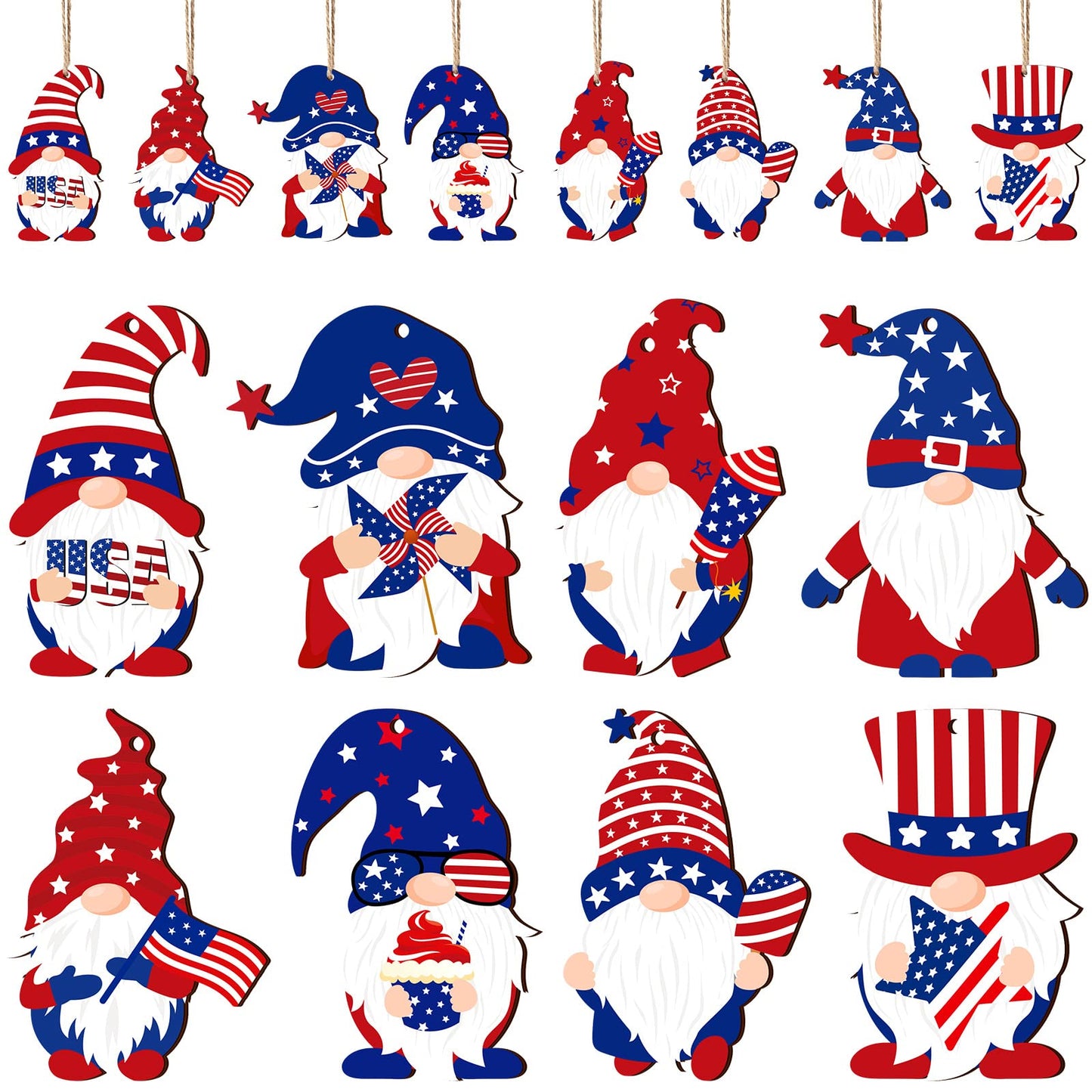 Capoda 4th of July Gnome Ornaments Independence Day Hanging Decorations Patriotic Tree Decor Wooden Red White and Blue Wooden Gnome Hanging Decoration for Independence Memorial Day Party(24 Pieces)
