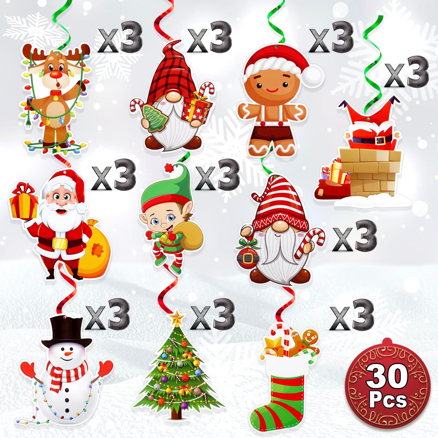 Hanging Christmas Decorations with Foil Swirls | 30 Pcs Holiday Set | Xmas Santa, Snowman, Gingerbread, Reindeer, Gnomes Christmas Designs | Home, Office, School Christmas Party Decorations | BASHOUT