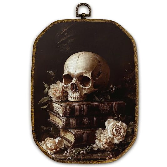 Yjeslw Vintage Gothic Skull Floral Book Octagon Wall Art Decor, Dark Academia Bookish Framed Canvas Prints, Book Club Wall Hanging Decorations for Reading Room Home Library Decor, 10.2x7 Inches