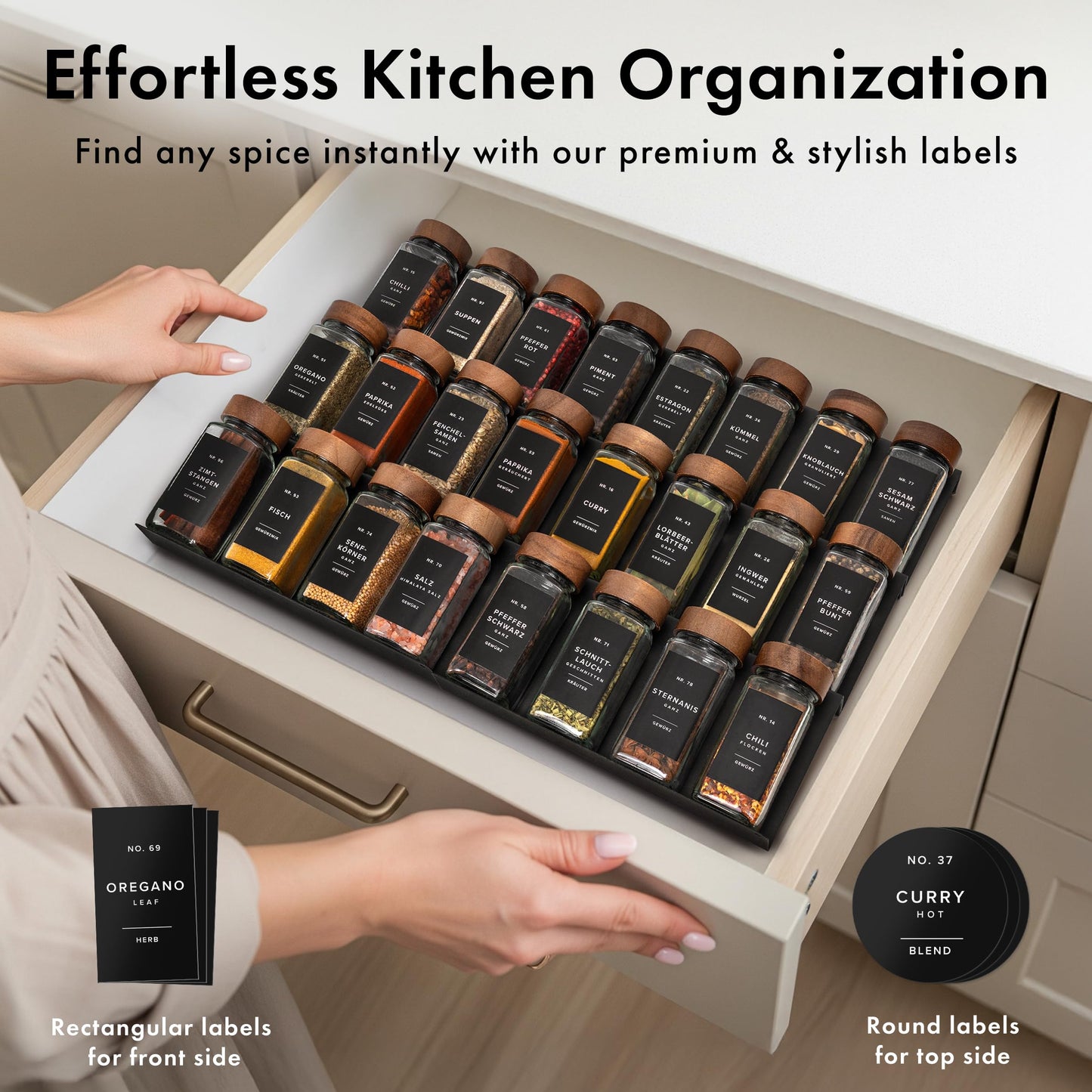 EDELHAUS® Square Spice Jars with Acacia Wooden Lid (Pack of 24) Spice Jars with Shaker Insert and 240 Labels - Acacia Lids Glass Container for Spice Organisation [4.3 in × 1.8 in]