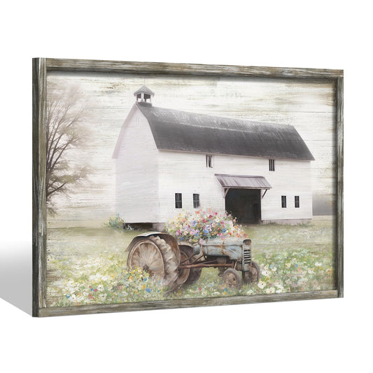 Farmhouse Barn Wooden Wall Art: Framed Rustic Country Farm Painting Old Tractor Flower Picture Vintage Countryside Field Landscape Print Artwork for Bedroom Living Room Office Decor