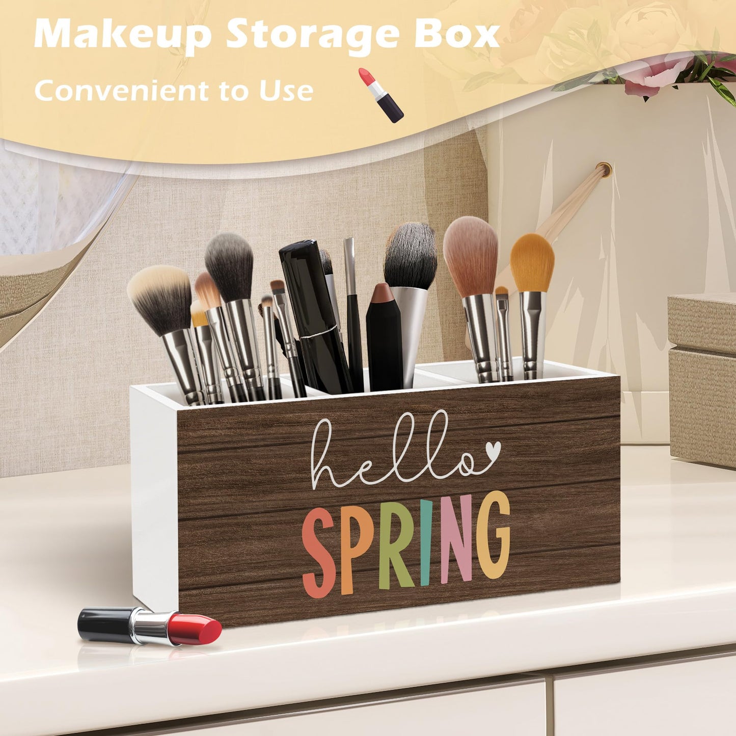 ANIANG Hello Spring Decor Pen Holder Organizer, Spring Seasonal Desk Decor, Rustic Farmhouse Wooden Pen Pencil Holders for Home Room Office Garden Desk Accessories