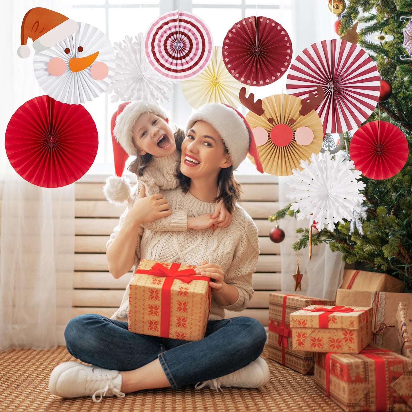 SUNBEAUTY Christmas Party Decorations Christmas Classroom Decorations Hanging Paper Fans with Reindeer Snowman for Xmas Holiday Ceilings Wall Decor Winter New Year Party Supplies