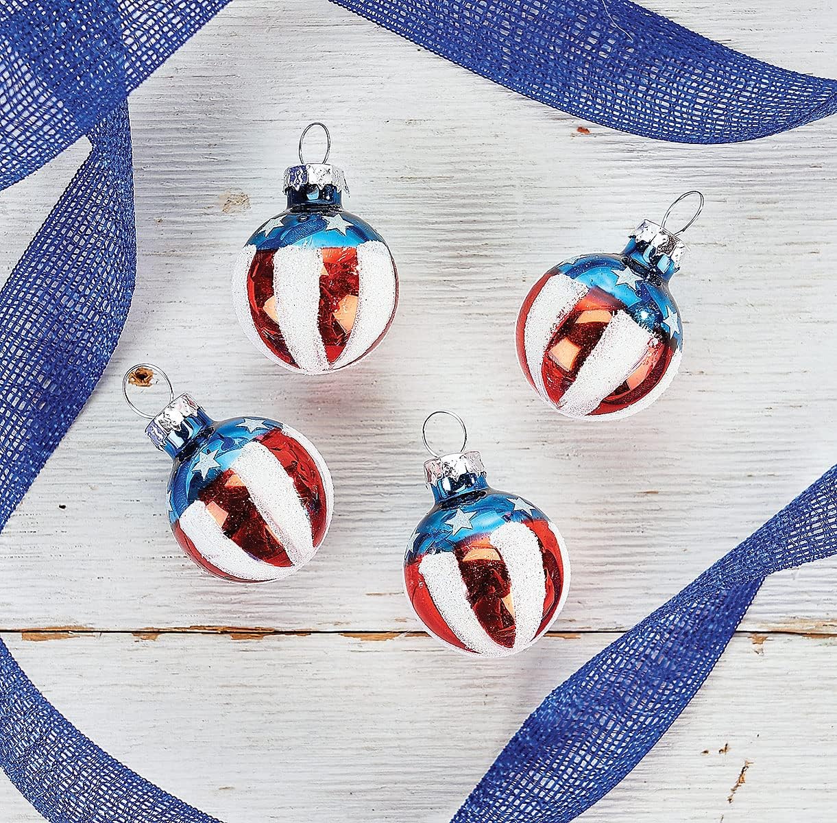Lillian Vernon Americana Blown Glass Patriotic Ornaments - Handcrafted Hanging Tree Decorations, Round Americana Holiday & Party Decor, Red, White & Blue, 12-Piece Set