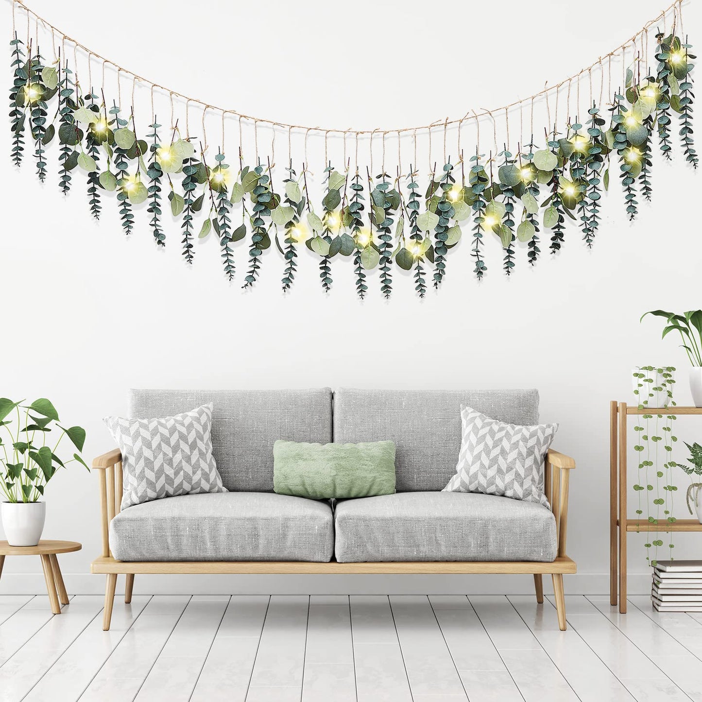 Juexica Artificial Hanging Eucalyptus Wall Decor Boho Bedroom Wall Decor with LED String Light for Home Office Farmhouse Nursery Bathroom Kitchen