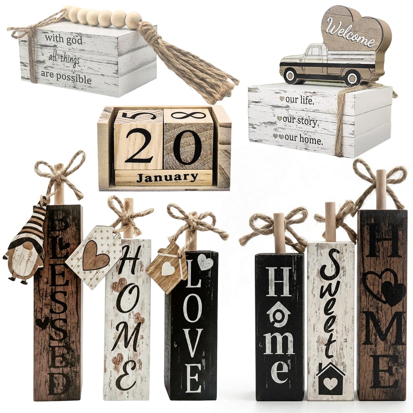 Farmhouse Wooden Table Decor White Faux Books for Decoration with Wood Bead Garland, Wooden Perpetual Block Calendar Rustic Tiered Tray Decor for Home Sweet Kitchen Entryway Living Room Shelves
