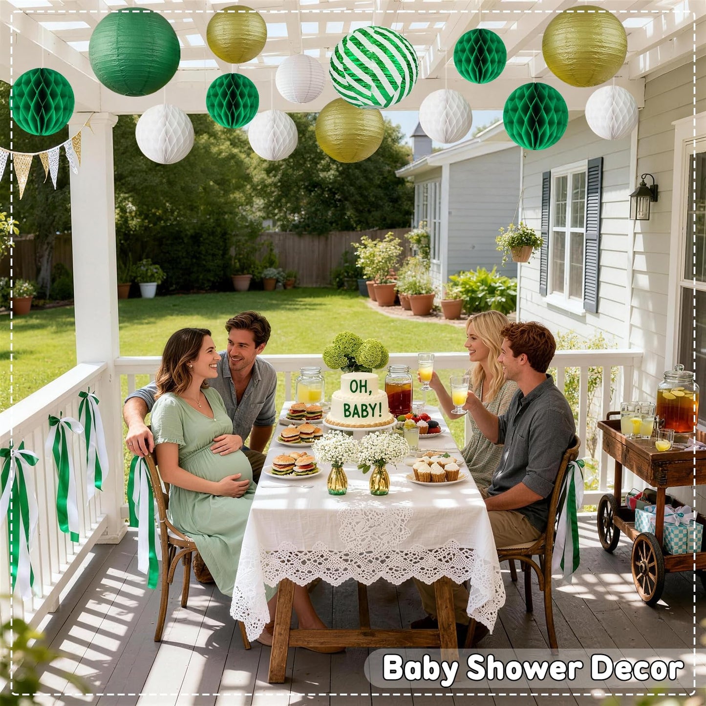 Green and Gold Party Decorations - 16Pcs Hanging Green White and Gold Paper Lanterns & Honeycomb Balls for Graduation Decorations 2026, Birthday, Baby Shower & Wedding Party Supplies