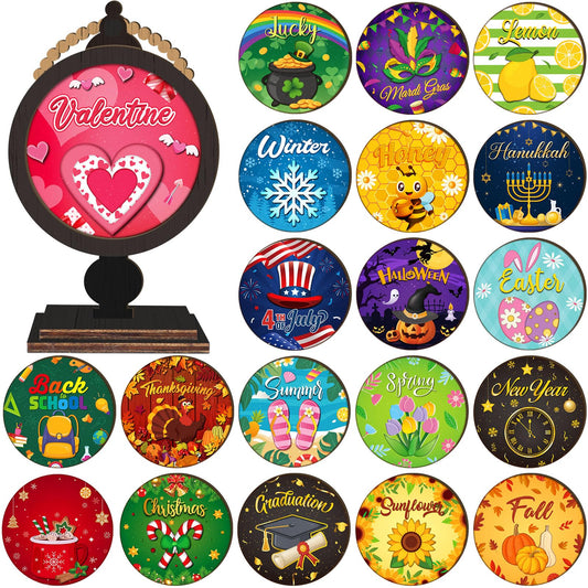 RattanView 21 Pcs Wooden Seasonal Decor Interchangeable Holiday Signs for Tiered Tray Farmhouse Table Centerpiece Mantel Desk All Year Decor for Winter Fall Valentine Home Decoration Gifts