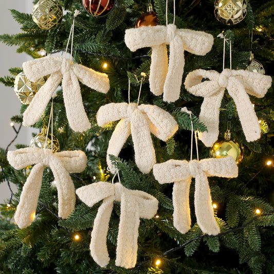 Soulchen 12 Pcs Crochet Bow Christmas Ornaments Large Neutral Christmas Knitted Ornaments Boho Bownot Hanging Handmade Decoration for Xmas Tree Farmhouse Rustic Decor Holiday Fireplace Garland Decor