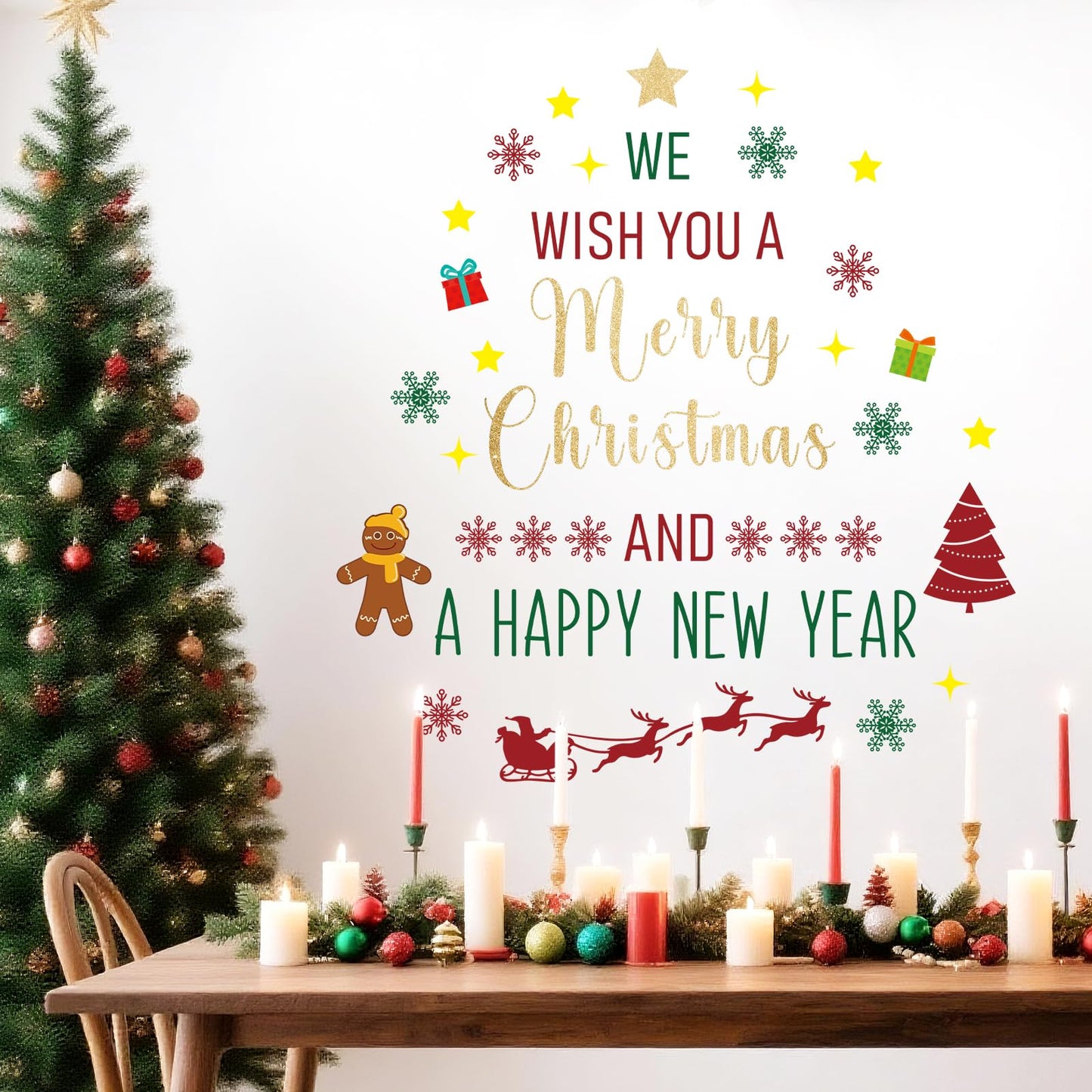 Rotumaty Christmas Wall Decals Stickers Decor Glitter Merry Christmas Tree Happy New Year Quote Decorations Holiday Seasonal Wall Art Decor for Home Office Classroom Party Ornaments