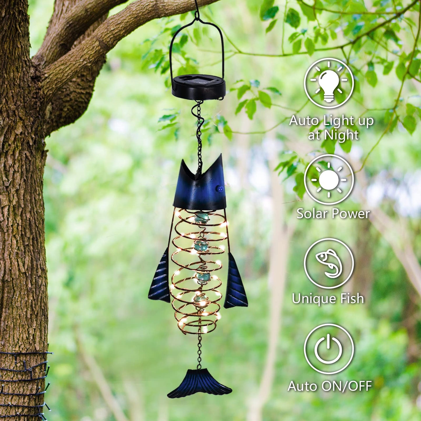 HONGLAND Patio Deals Solar Lanterns Outdoor Waterproof, Fish Lantern Lights, Metal Hanging Garden Decor for Patio & Yard, Gifts for Fishermen, Warm White LED Home Decoration