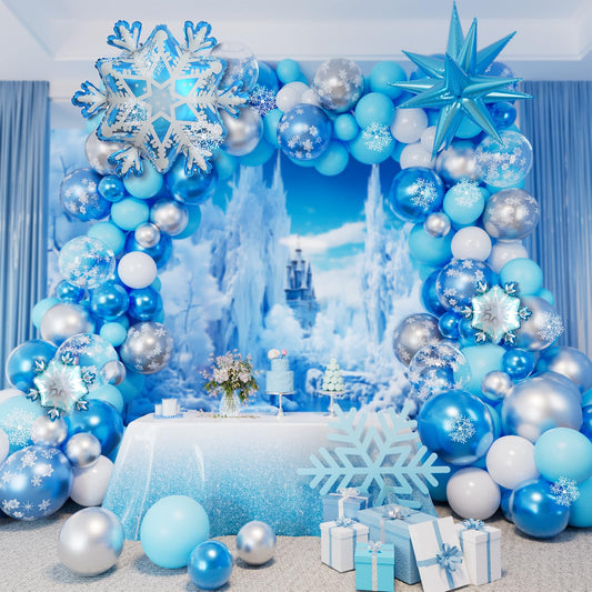 Frozen Balloon Arch Garland Kit，142 Pcs Snowflake Balloon Arch with Silver Blue Snowflake Balloons for Winter Wonderland Theme Baby Shower Snow Princess Birthday Party Decorations