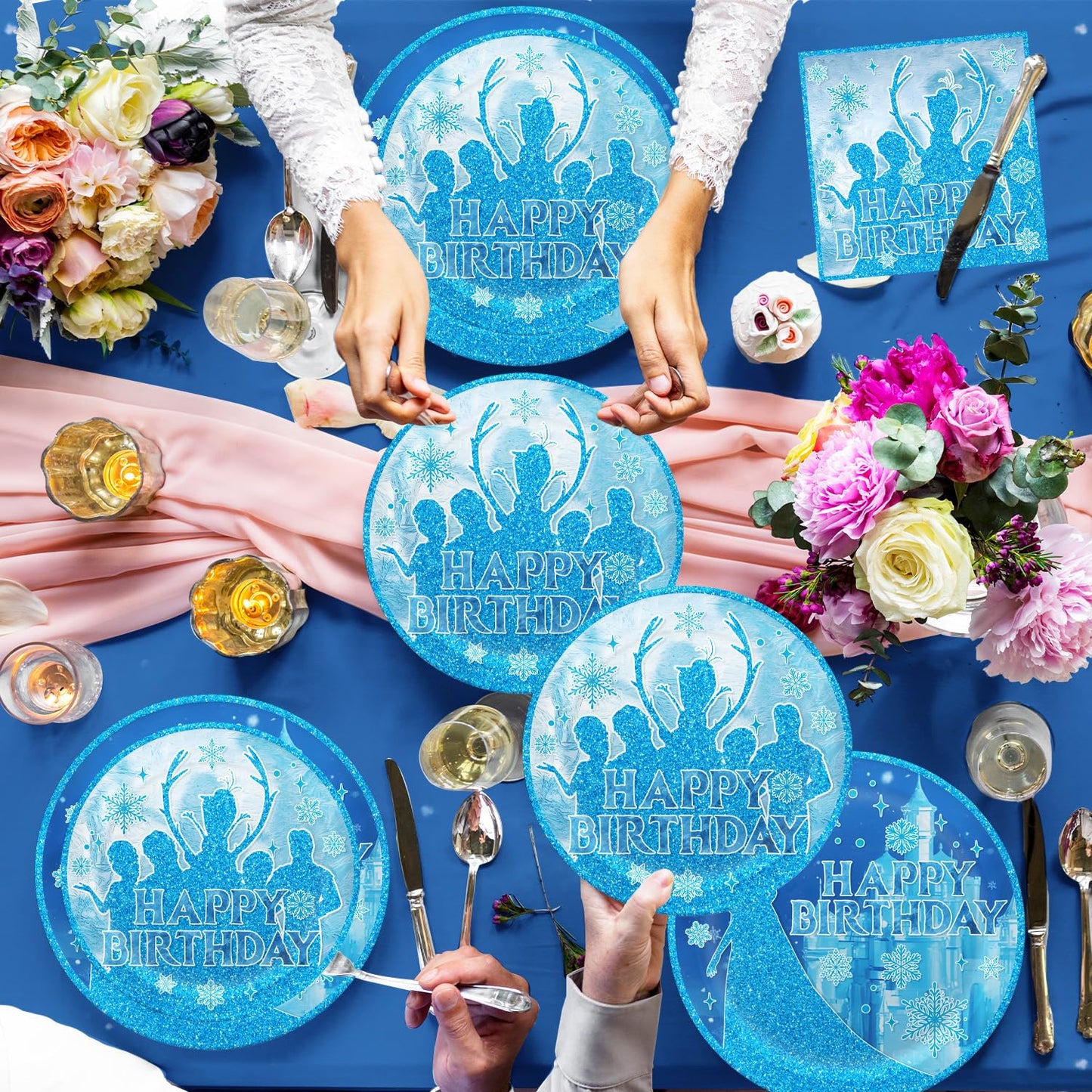 tetcuican 104Pcs Frozen Birthday Party Decorations, Snow Theme Party Supplies Set Include Banner, Balloons, Tablecloth, Cake Toppers, Cupcake Toppers, Plates, Napkins for Winter Birthday Decorations