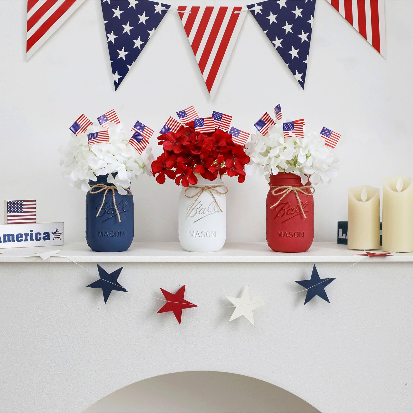 Patriotic Table Decorations, Memorial Day Decor, 250 Anniversary USA Patriotic Mason Jars with Mini American Flags, 4th of July Decorations, Red White and Blue Decor, Patriotic Themed Party Decoration