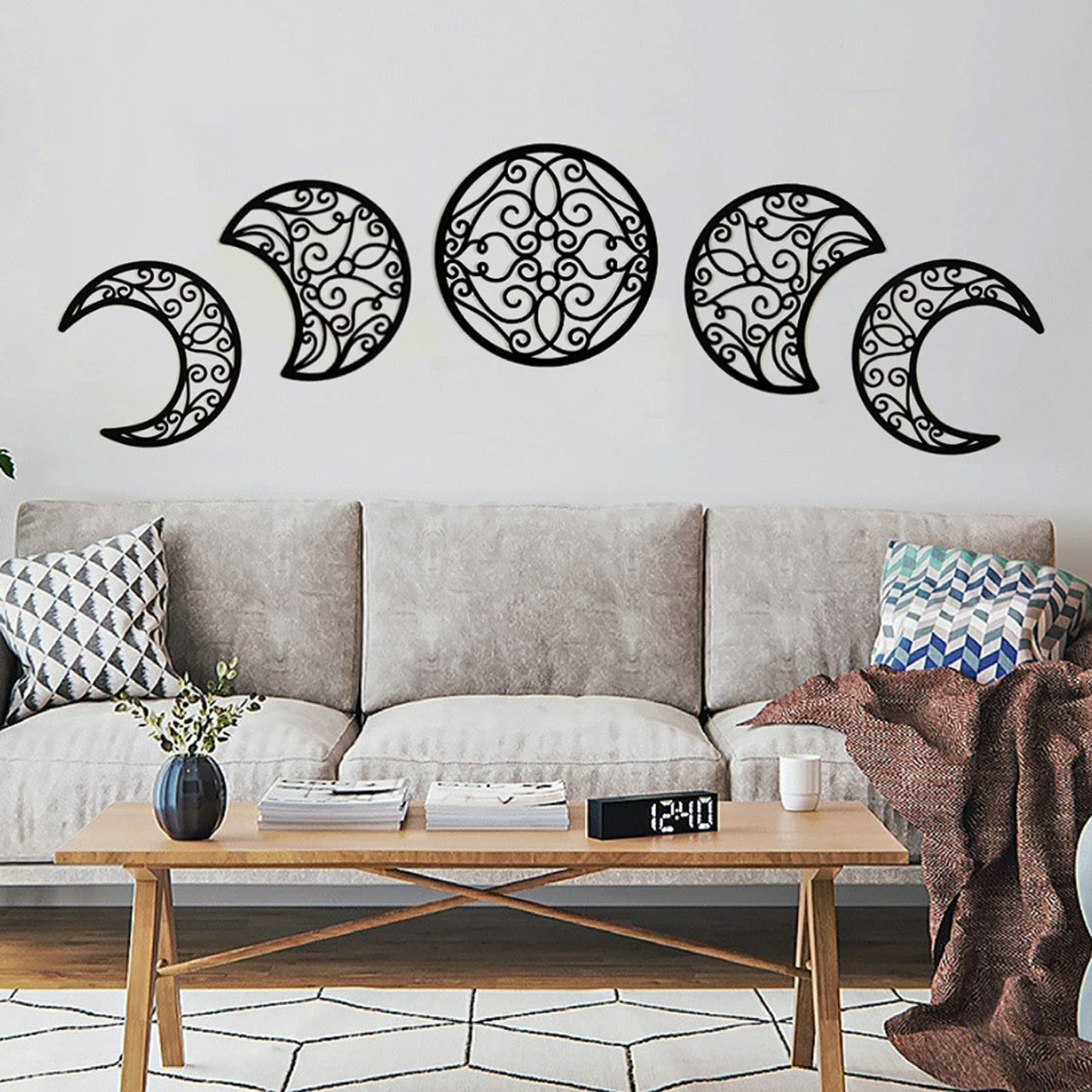 ASMANNA 5 Pieces Moon Decoration Wall Decoration Wooden Moon Phase Wall Hanging Bohemian Style Bedroom Home Wall Decor Bohemian Lunar Aesthetic Art for Bedroom Living Room Dorm Apartment Office(black)