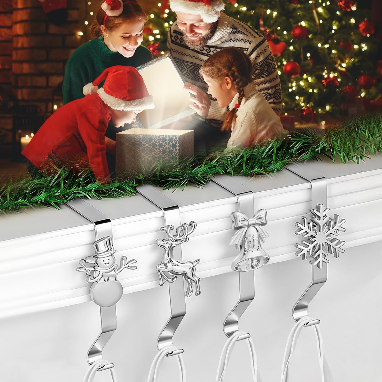 Christmas Stocking Holders for Mantle, Reusable No-Damage Hooks with Fireplace Grip Stand, Xmas Decoration Set for Hanging Stockings on Shelves, Mantel Clips for Holiday Party Home Decor Silver