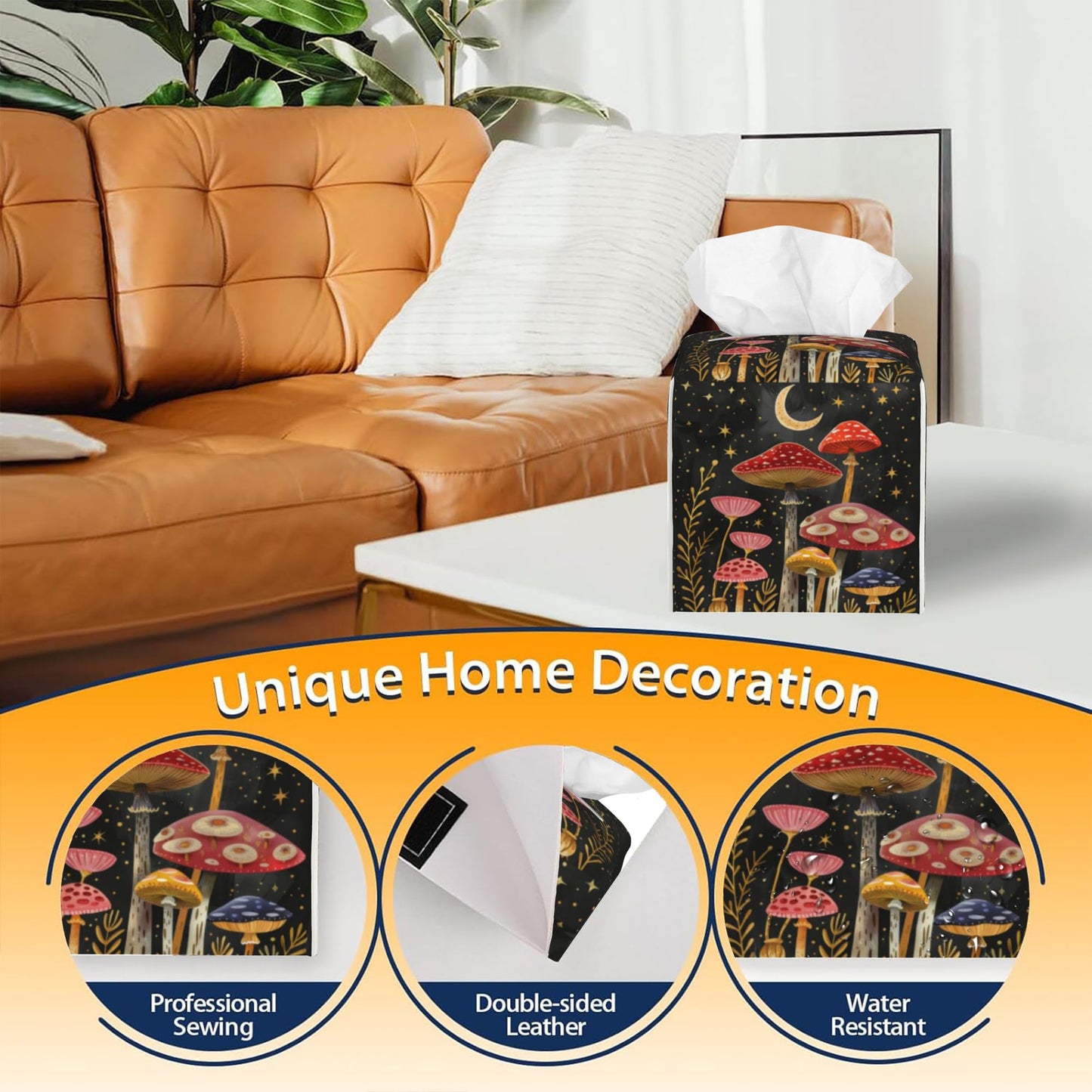 Colorful Mushrooms and Crescent Moon Tissue Box Cover Leather Tissue Box Holder Square Facial Paper Case Organizer Dispenser for Bathroom Vanity Countertop Tabletop Car Office