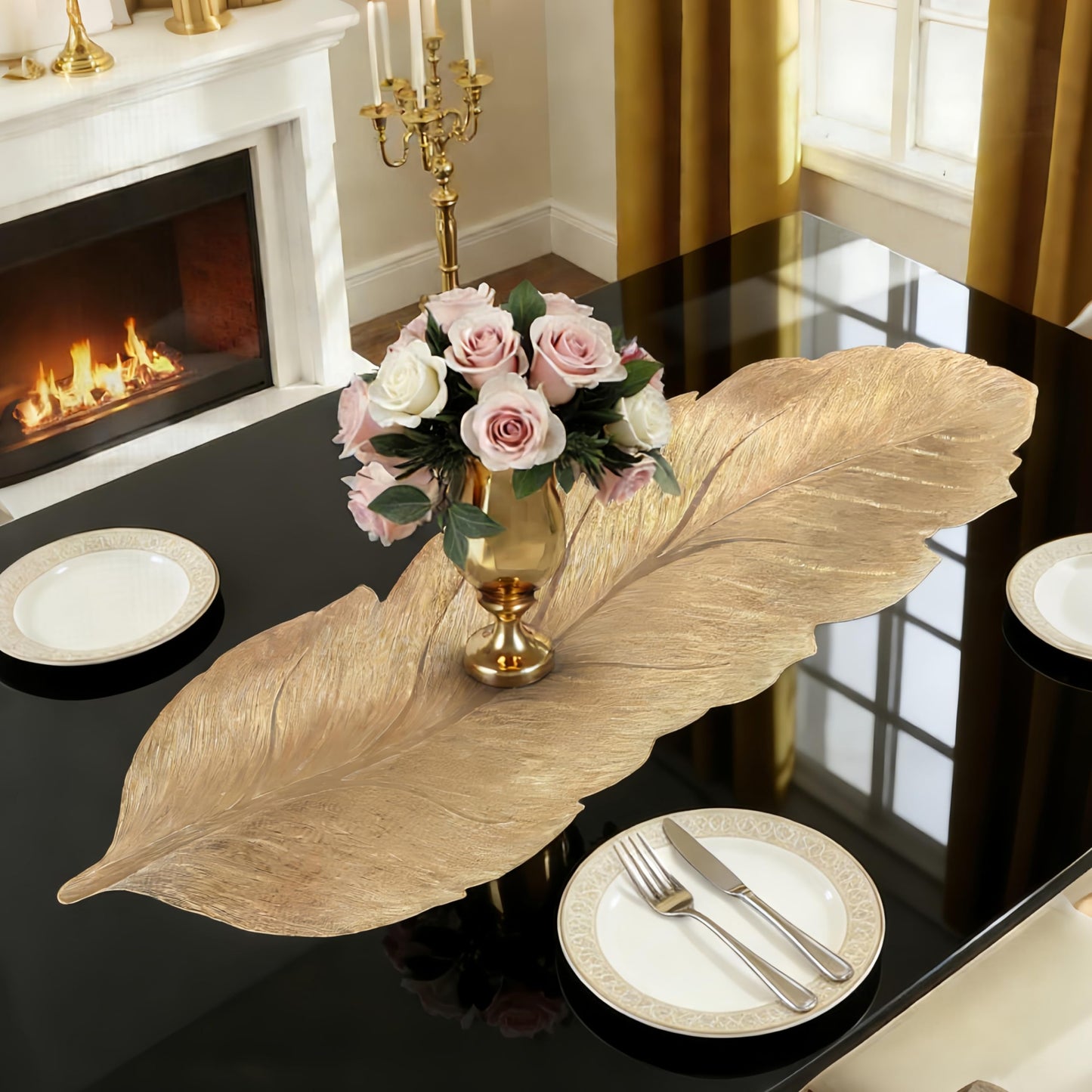 FAVE Gold Small Table Runner 36 Inch Heat Resistant Vinyl Table Cover for Dinner Party Wedding Decor (Leaves)