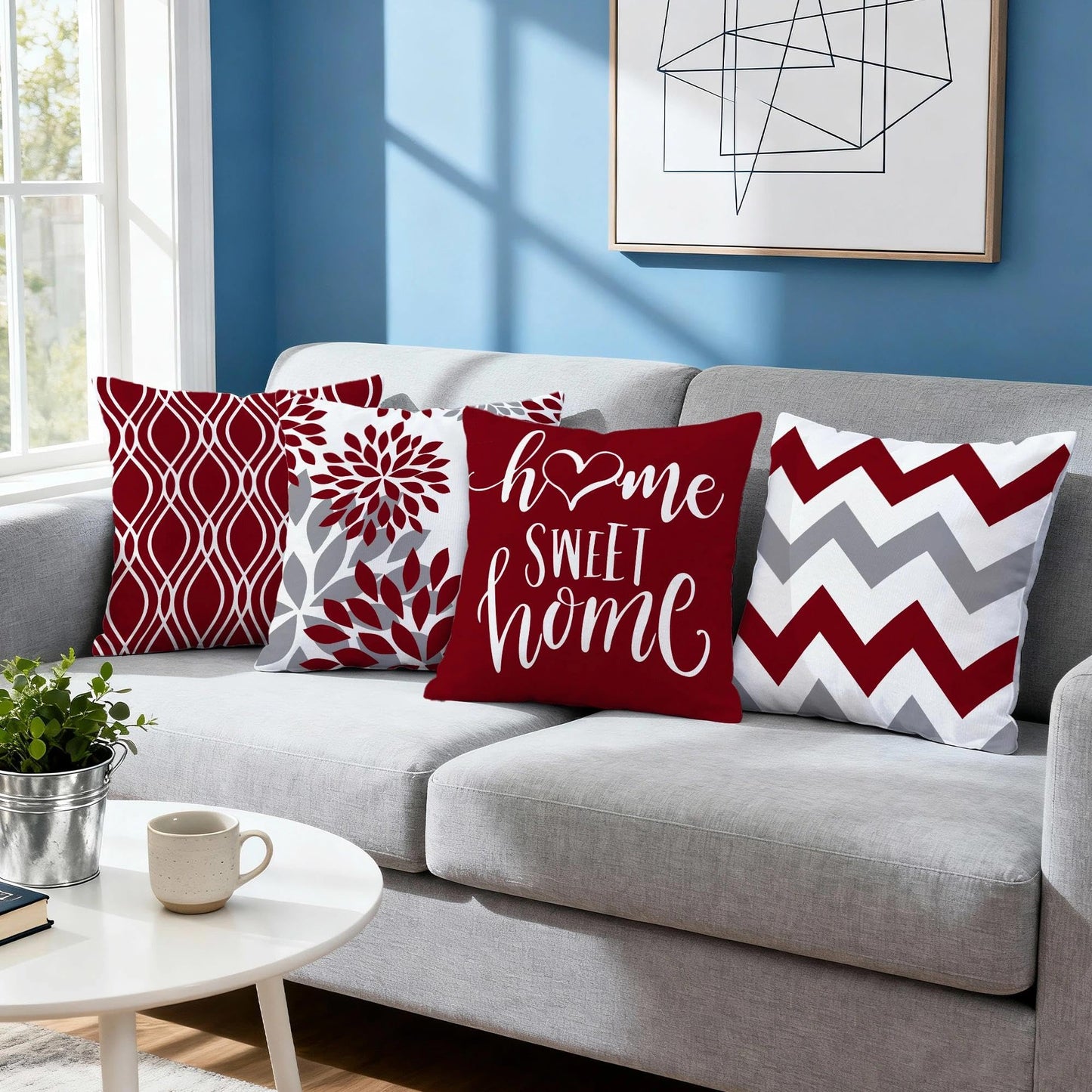 Hexagram Geometric Burgundy Pillow Covers 18x18 Set of 4, Decorative Outdoor Boho Modern Throw Pillow Covers, Home Sweet Home Farmhouse Cushion Case for Couch Sofa Bedroom Indoor Decor(No Insert)