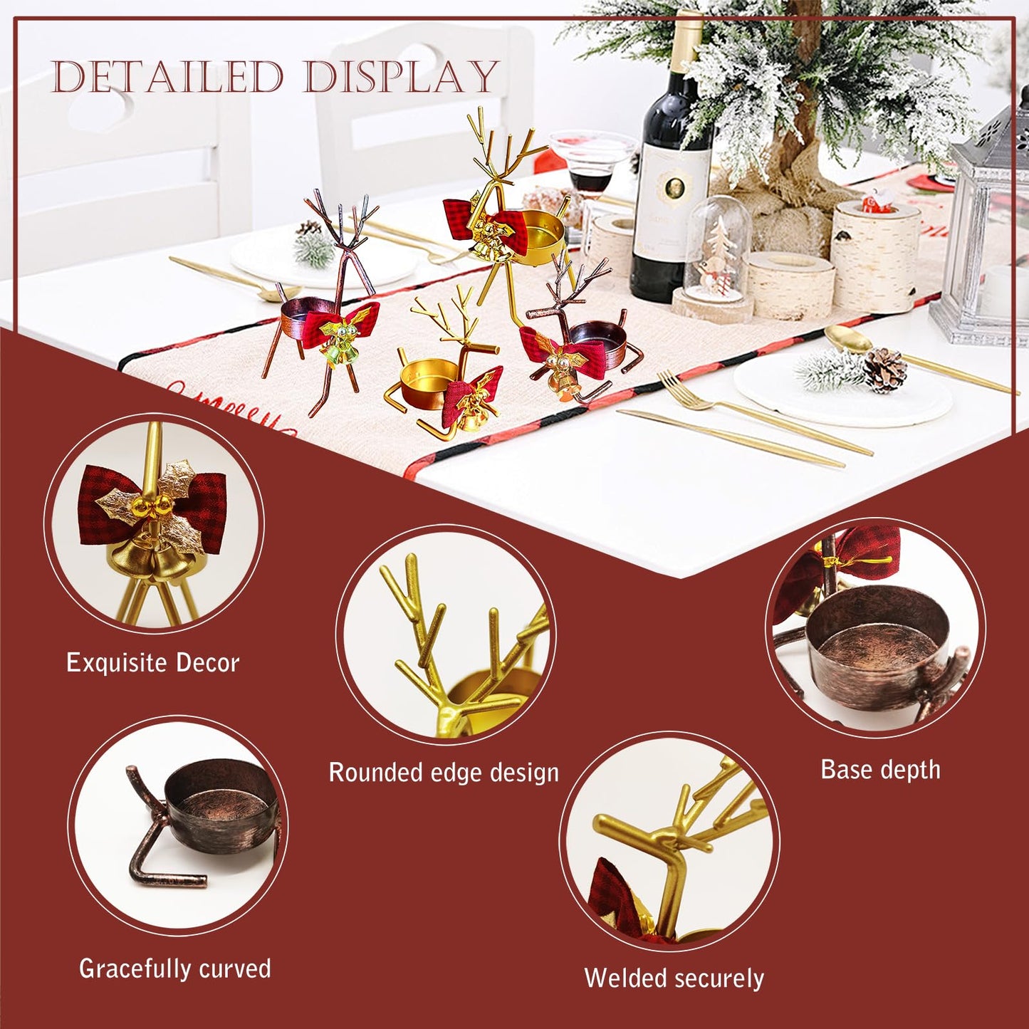 Kornnapa 4pcs Christmas Candle Holder, Reindeer Tealight Candle Holders Christmas Table Centerpieces Decorations Ornaments Metal Deer Dining Tabletop Holiday Decor Display Stainless Steel