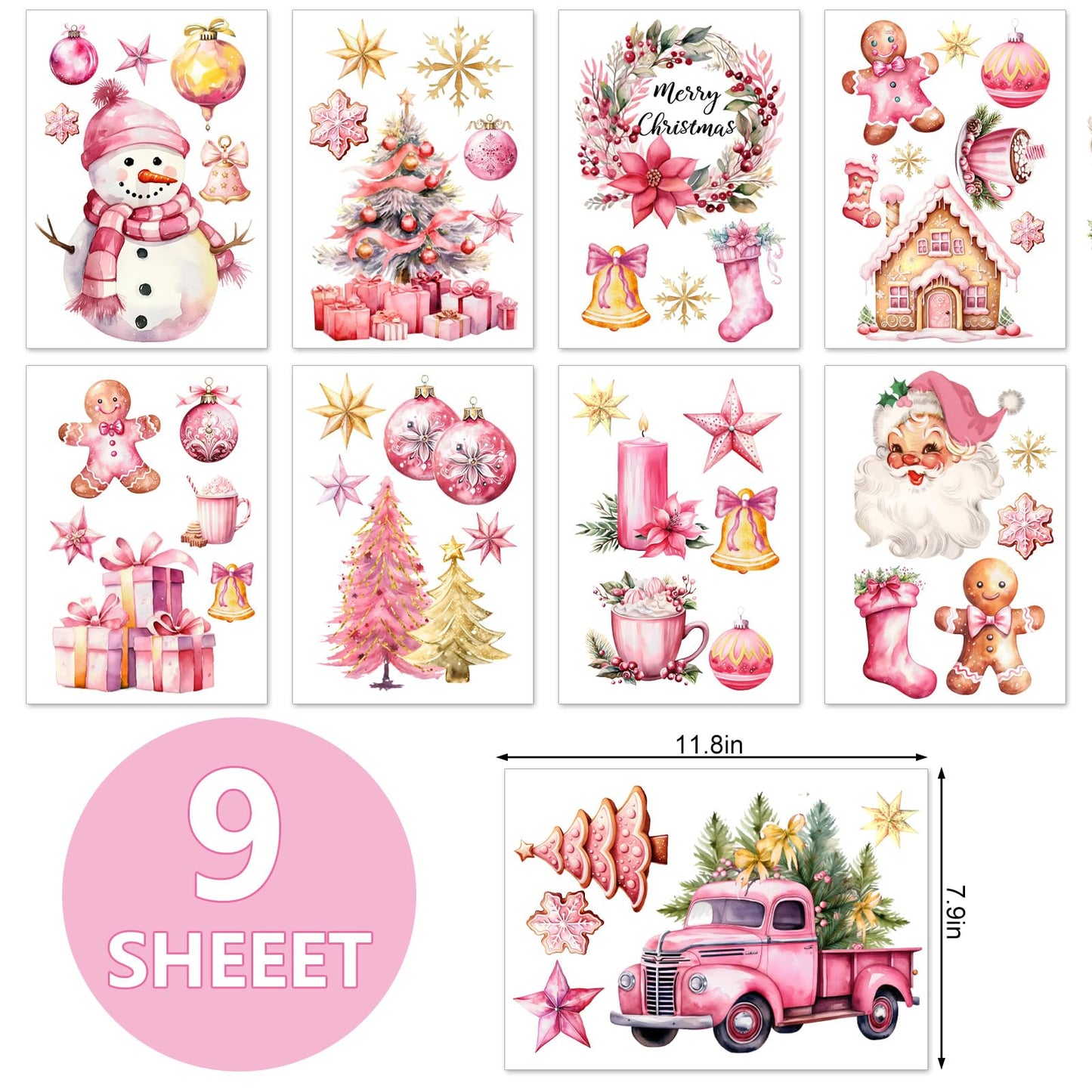 JarThenaAMCS Christmas Wall Stickers Xmas Tree Snowman Santa Wall Decals Large Pink Gold Room Mural Stickers for Winter Home Party Decor, 7.9 x 11.8 Inch, 9 Sheets
