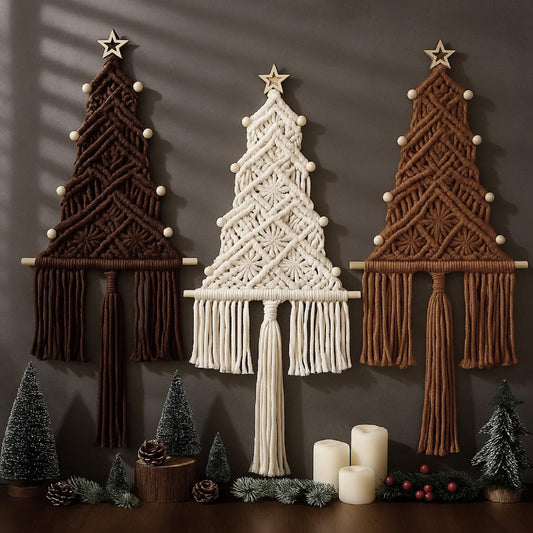 HunnmingRe Neutral Christmas Tree 3 Set Macrame Christmas Wall Decoration Hanging Ornaments Boho Wall Decor for Party Supplies