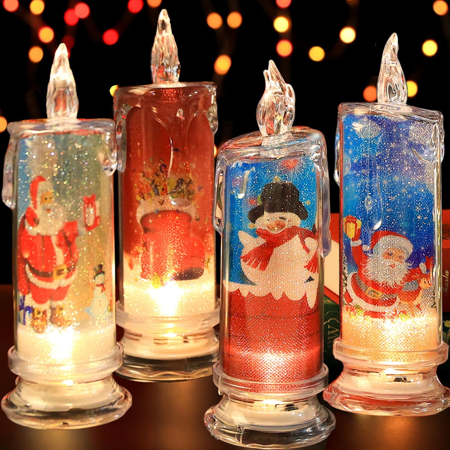 SupBri Flameless LED Candles Set of 4 with Santa Claus, Snowman Decals - Battery Operated Christmas Themed Festival Gift Decorations