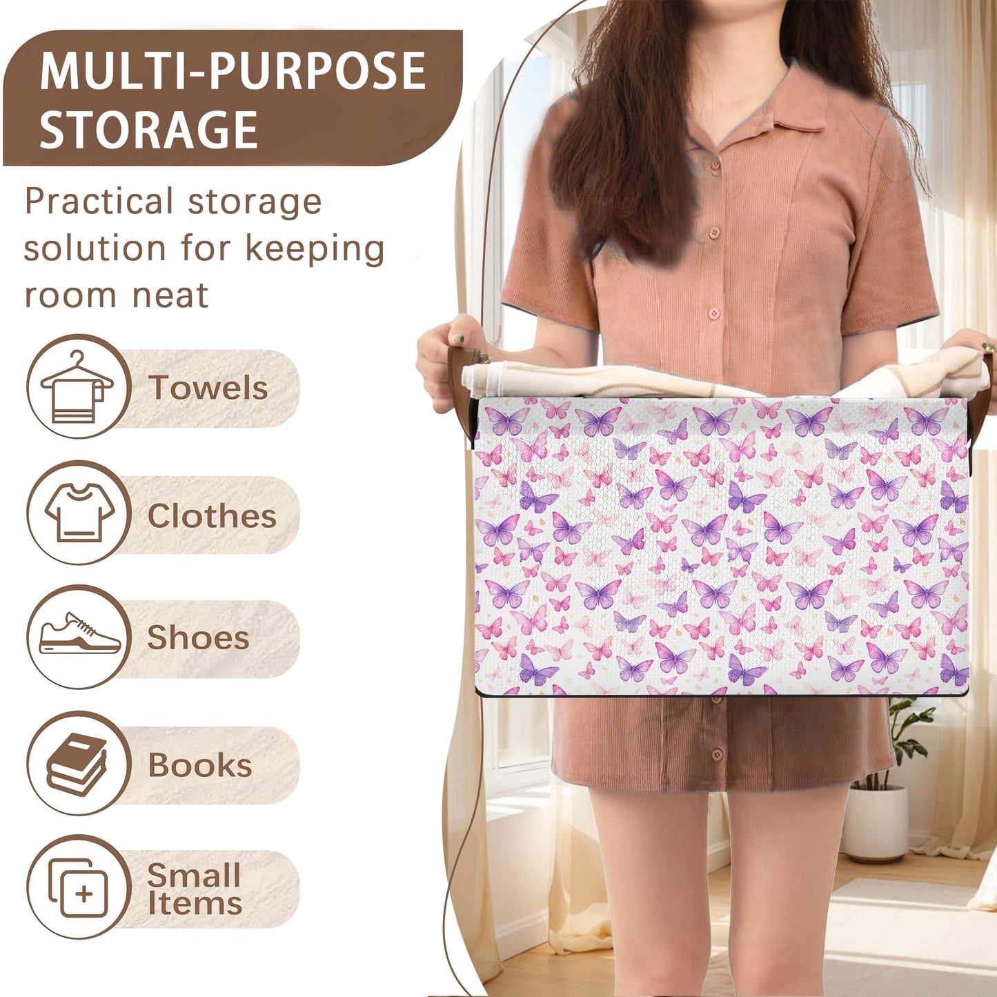 Purple Butterfly Pattern Collapsible Storage Box - 17x11.5x10.5 Inch Foldable Organizer for Closet, Toy Storage - Space-Saving Single Pack
