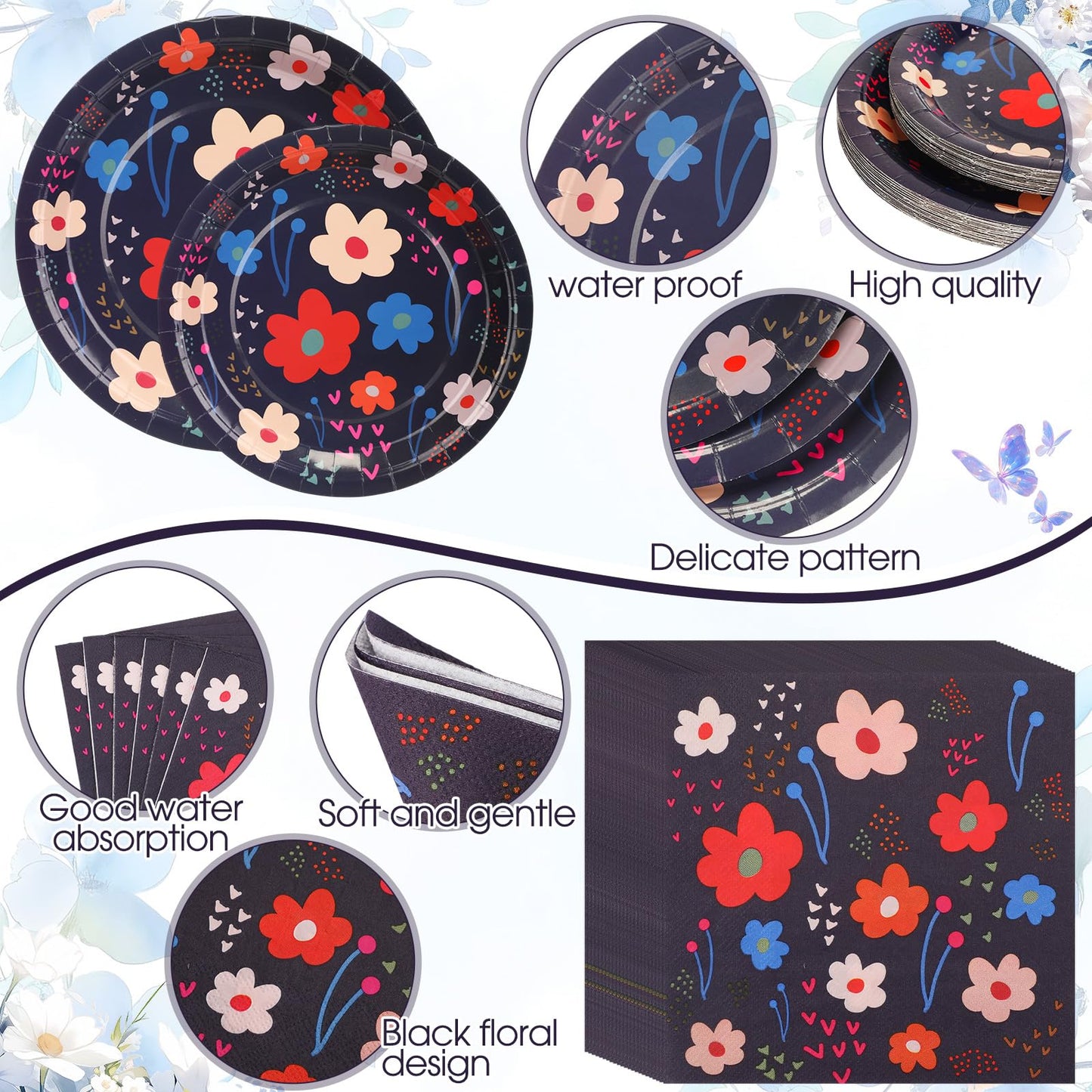 Blushtier 192 Pcs Flowers Paper Plates and Napkins Tableware Set Serves 24 Guests, Black Floral Birthday Party Supplies Disposable Plates Napkins Cups Plastic Knives Fork Spoons Party Decorations