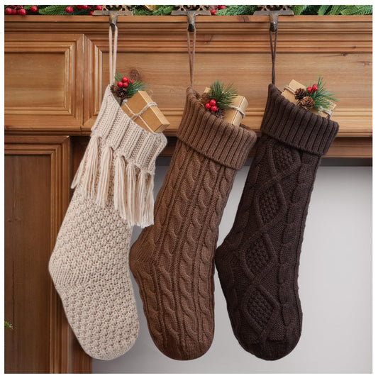 steo spce 3 Pack Farmhouse Christmas Stockings – Large 18” Rustic Boho Vintage Cable Knit Holiday Stockings in Brown and White Neutral Tones for Fireplace Mantel Hanging Family Décor