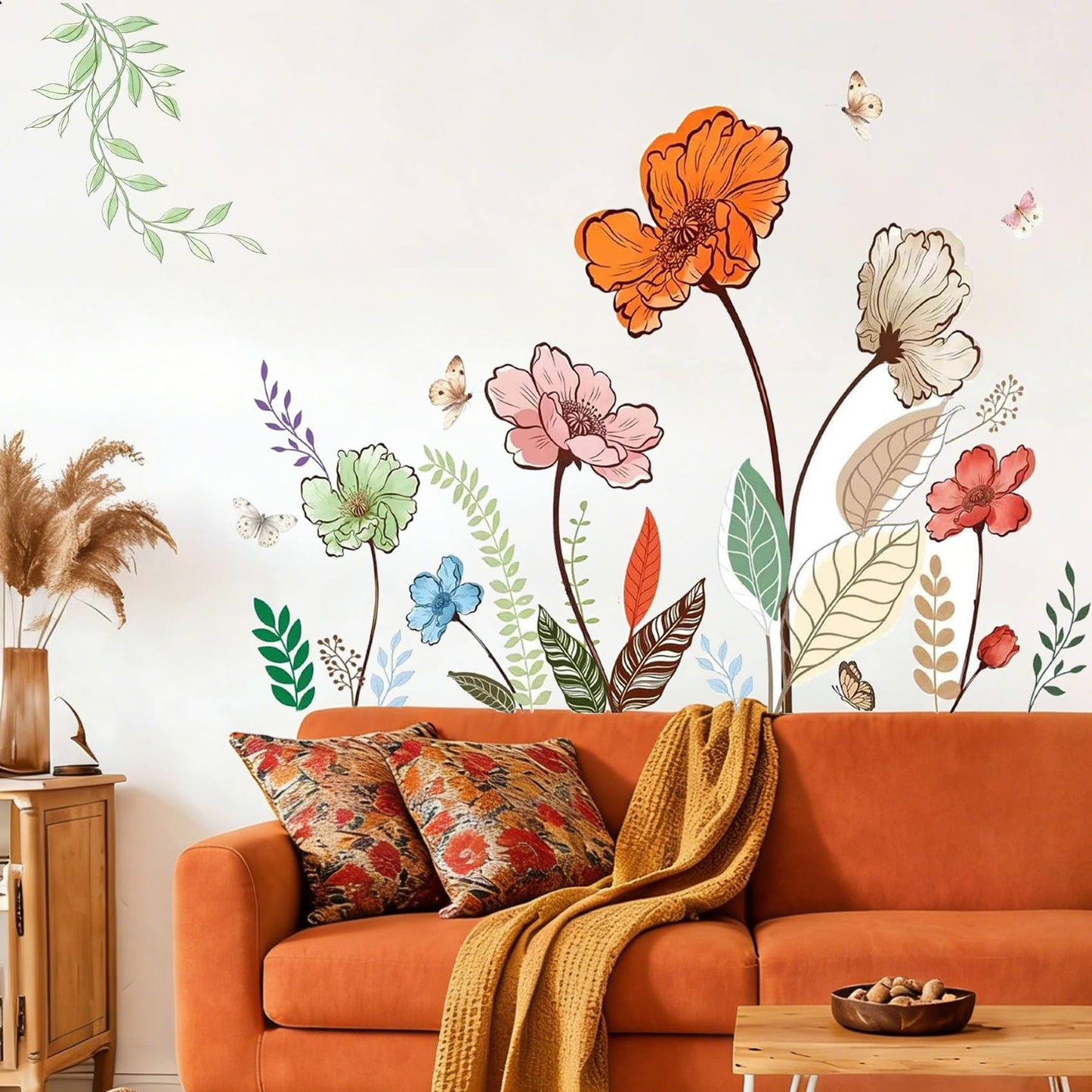 Flower Wall Decals Large Boho Wall Stickers - Wildflower Floral Spring Wall Art Decals Wall Decor Peel and Stick for Living Room Bedroom TV Wall