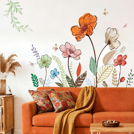 Flower Wall Decals Large Boho Wall Stickers - Wildflower Floral Spring Wall Art Decals Wall Decor Peel and Stick for Living Room Bedroom TV Wall