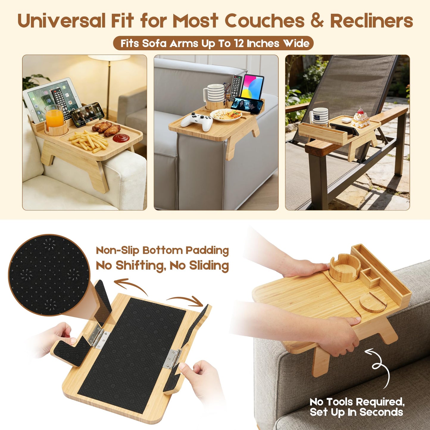 Premium Bamboo Sofa Arm Tray - Couch Armrest Table with Cup Holder, Phone Stand & Storage Compartment, Non-Slip Snack Tray for Living Room, Bedroom, Fits Most Sofa Armrests