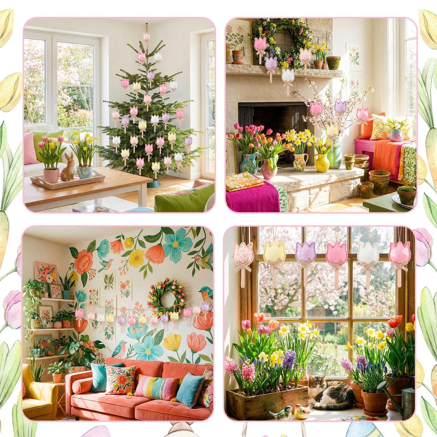 HunnmingRe 18 Pcs Spring Tree Ornaments Felt Tulip Flowers Hanging Spring Ornaments Flower Tree Decorations for Summer Party Home Door Wall Mantel Arts Crafts Gifts