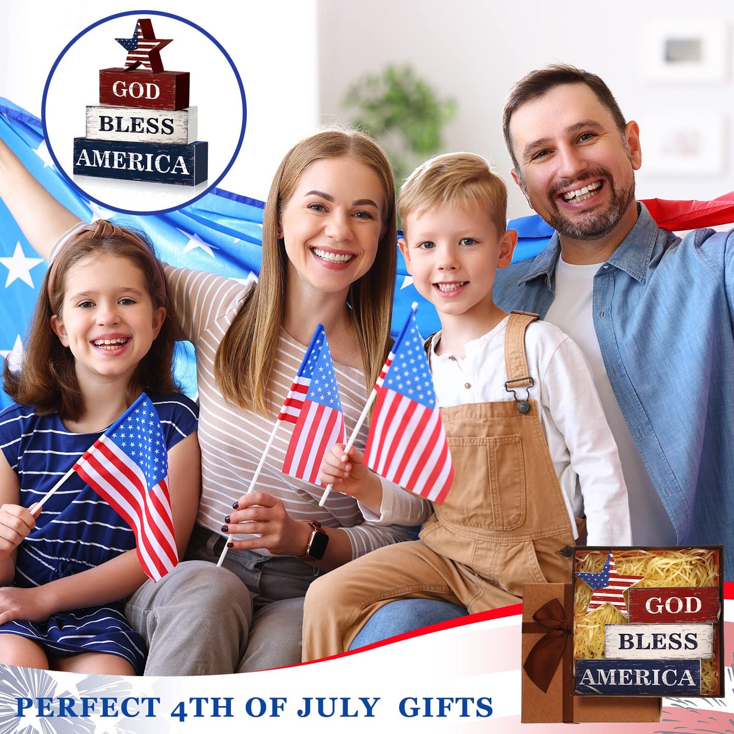 Huquary 4 Pcs 4th of July Decorations Patriotic Memorial Day Table Sign Independence Day Table Wood Decorations Red White Blue Block for Office Tiered Tray Home Shelf 250th Anniversary(Flag)