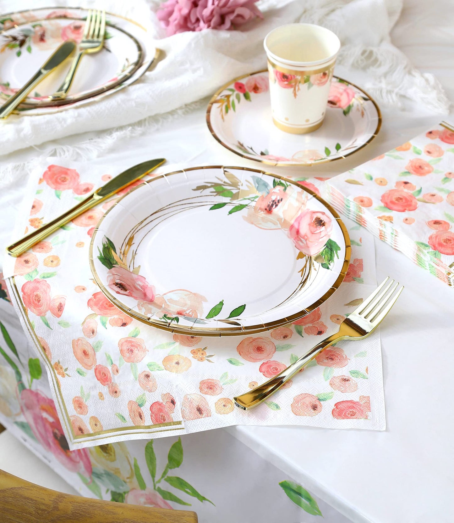 Luxury Floral Paper Plates and Napkins Party Supplies - Serves 16 - Pink and Gold Flower Decoration for Floral Baby Shower Bridal Shower Tea Party Birthday