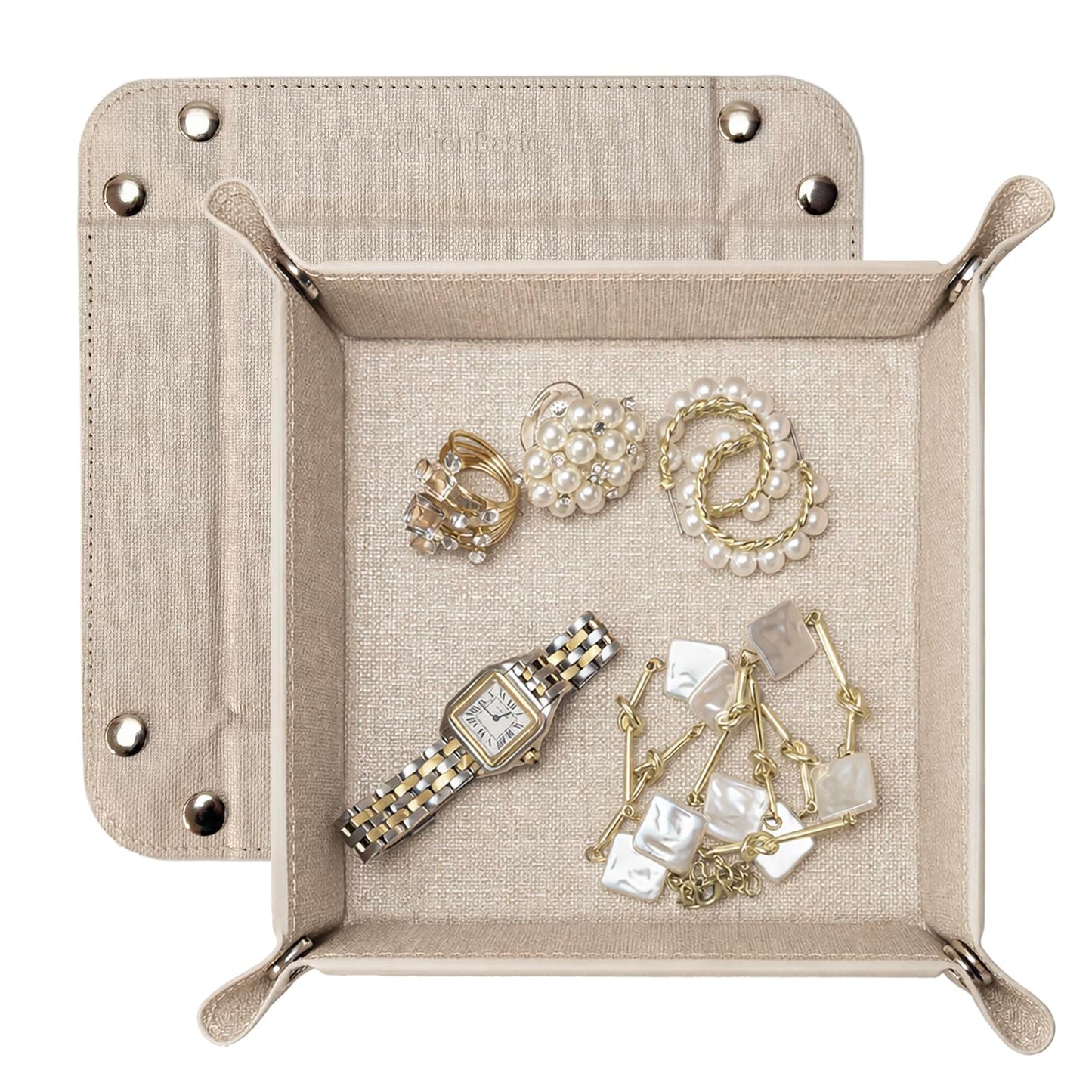 UnionBasic Small Valet Tray, Jewelry Tray for Rings Watches Earrings, Entryway Catchall Caddy for Coins Keys Change, Nightstand Bedside Valet Holder, Trays for Electronic Gadgets, Beige